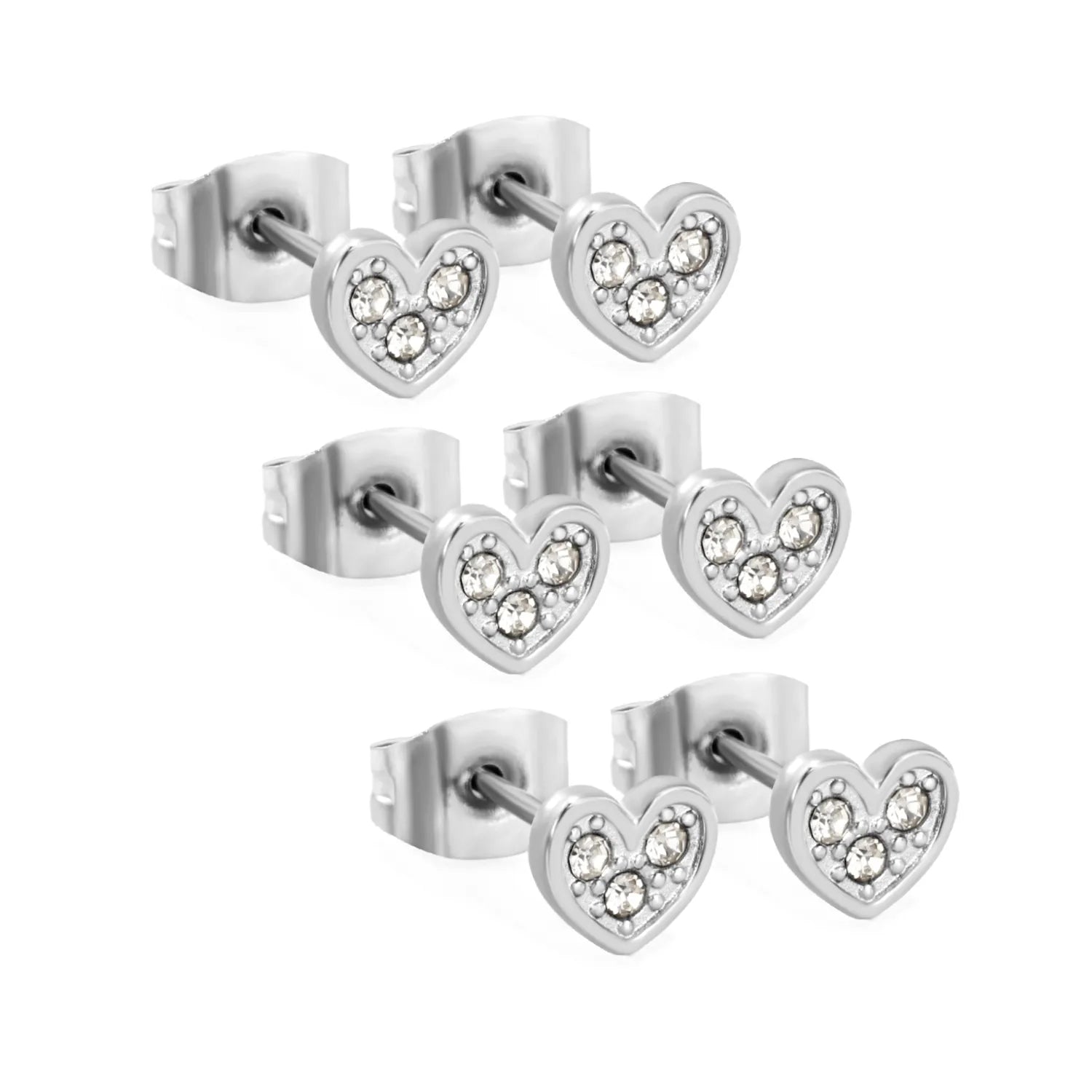 3 PCS 5.8*5.3mm Heart-shaped White Diamond Adhesive-set Plain Post Stud Earrings - Steel Tone & Gold Tone asonjewelry